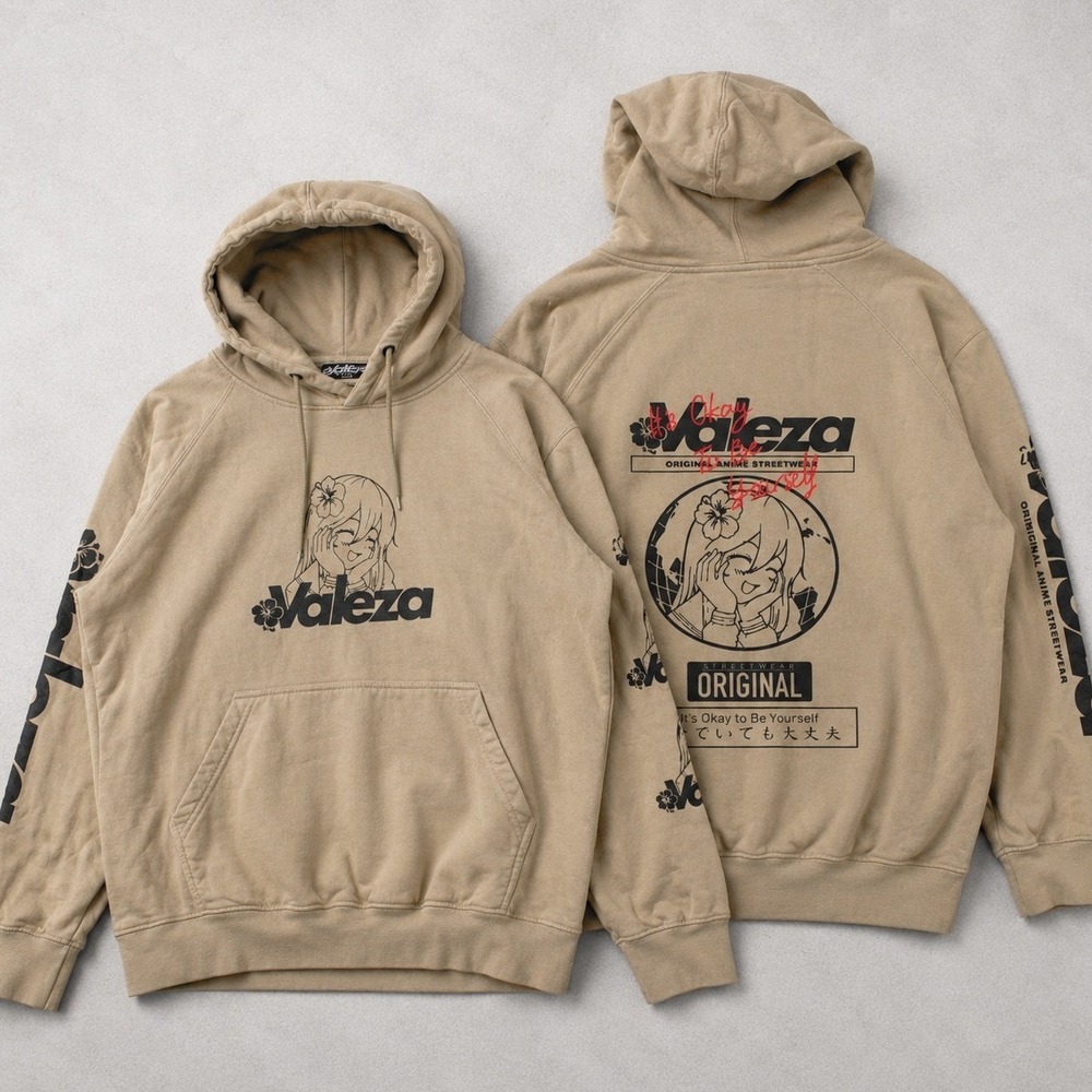 VALEZA Hoodie Adult Large Tan Anime Streetwear Graphic‎ Pullover Heavy Thick